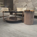 Round Nesting Coffee Table Set with Natural Wood Veneer and Artistic Inlay Details